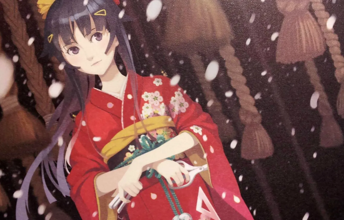 Photo wallpaper snow, rope, kimono, senjougahara hitagi, bakemonogatari, history of monsters, stationery