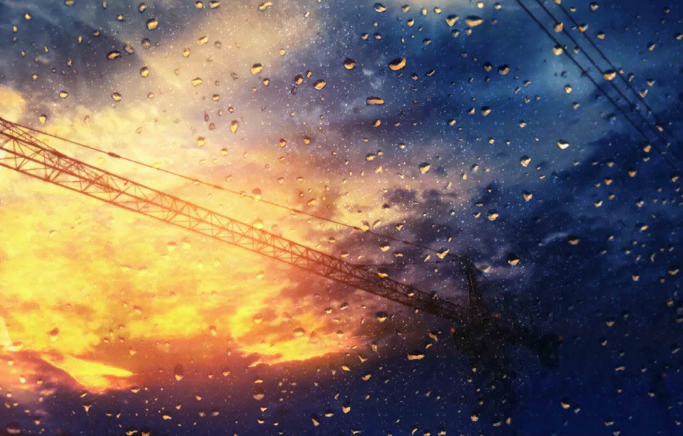 Photo wallpaper the sky, glass, drops, sunset, rain, cranes, by JW