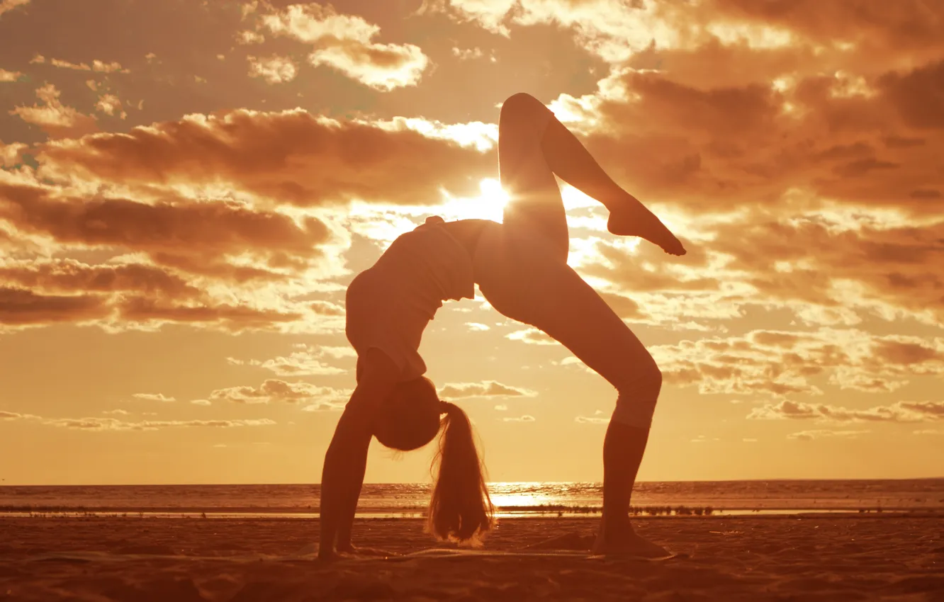 Photo wallpaper sand, beach, girl, the sun, clouds, gymnastics, Mat, long-haired. sea