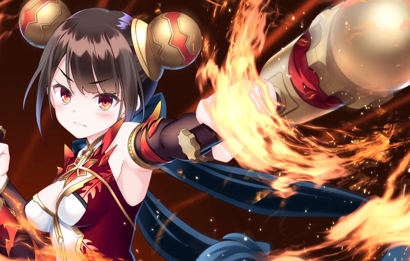 Photo wallpaper girl, weapons, flame, games, anime, art, stick, The World’s End Fallen Star