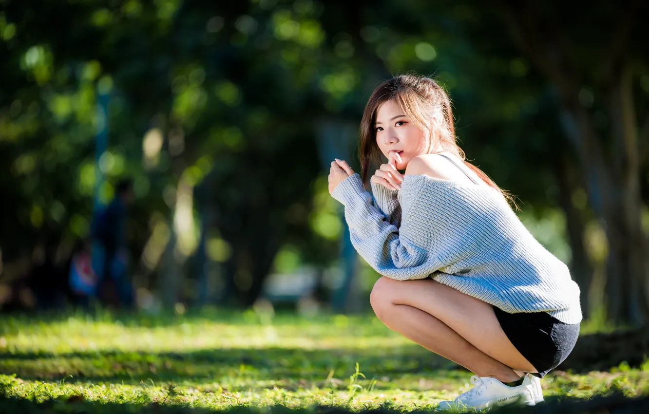 Photo wallpaper girl, shorts, Asian, sitting, cutie, sweater, bokeh.pose