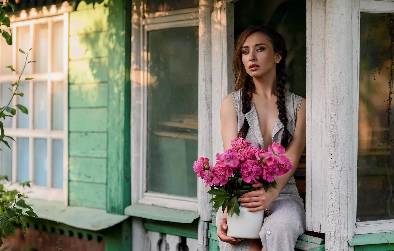 Photo wallpaper flowers, pose, model, window, Elena Zharkova