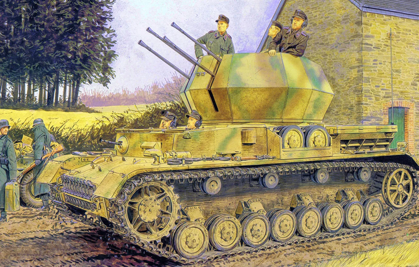 Photo wallpaper weapon, war, art, painting, tank, ww2, Flakpanzer IV Ausf G Wirbelwind