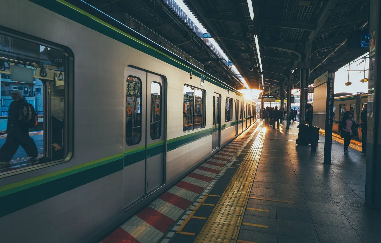 Photo wallpaper people, train, station, cars, Japan, railroad, Peron