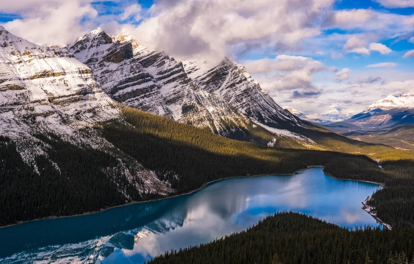 Photo wallpaper forest, clouds, mountains, lake, Canada