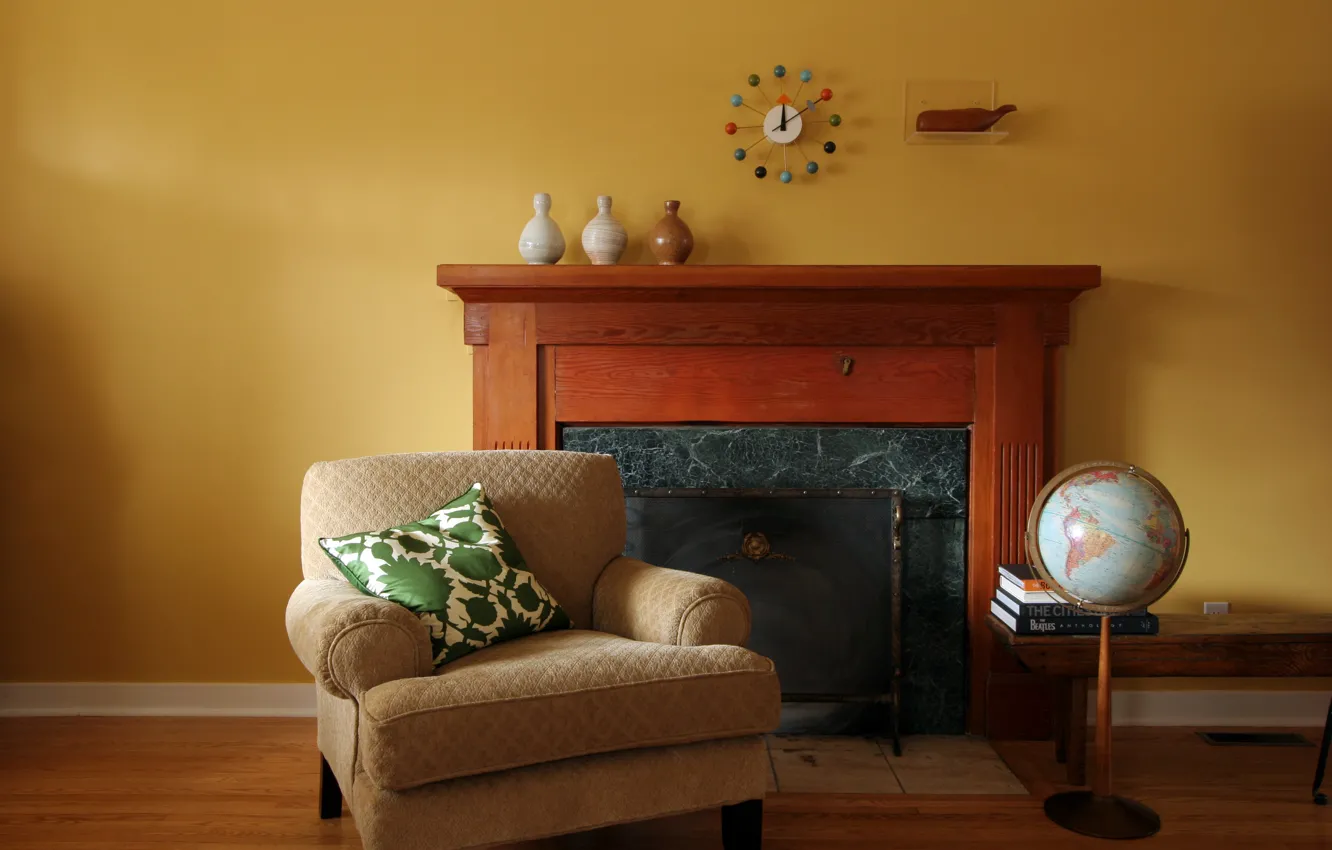 Photo wallpaper chair, pillow, fireplace, globe