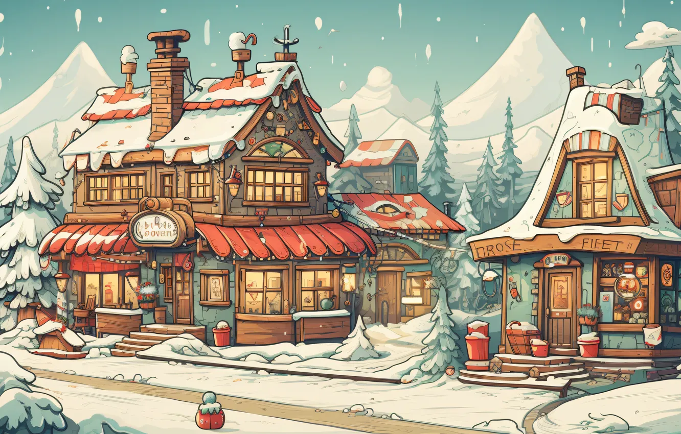 Photo wallpaper winter, snow, holiday, graphics, tree, new year, home, Christmas