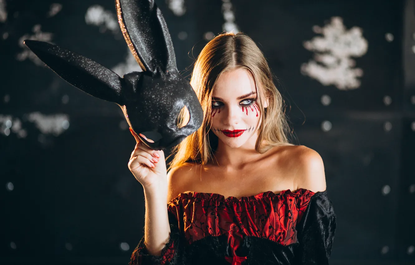 Photo wallpaper autumn, girl, the dark background, holiday, makeup, pumpkin, Halloween, witch