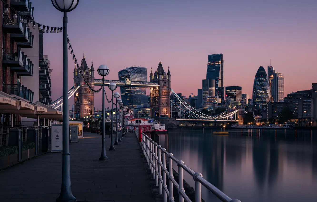 Photo wallpaper bridge, lights, river, home, the evening, Tower Bridge, London