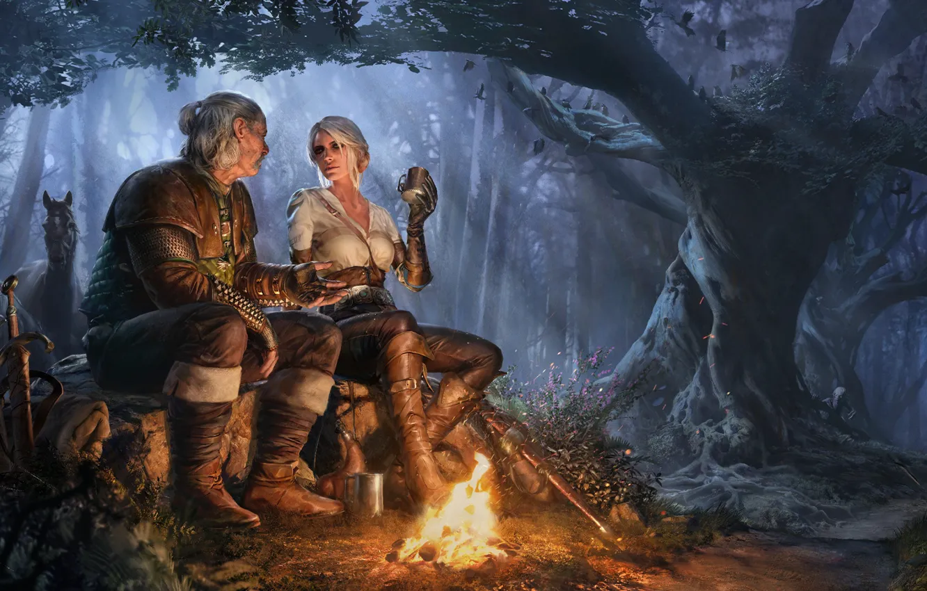 Photo wallpaper forest, the atmosphere, the fire, the Witcher 3: wild hunt, ciri, CRIS, vesemir, cirilla