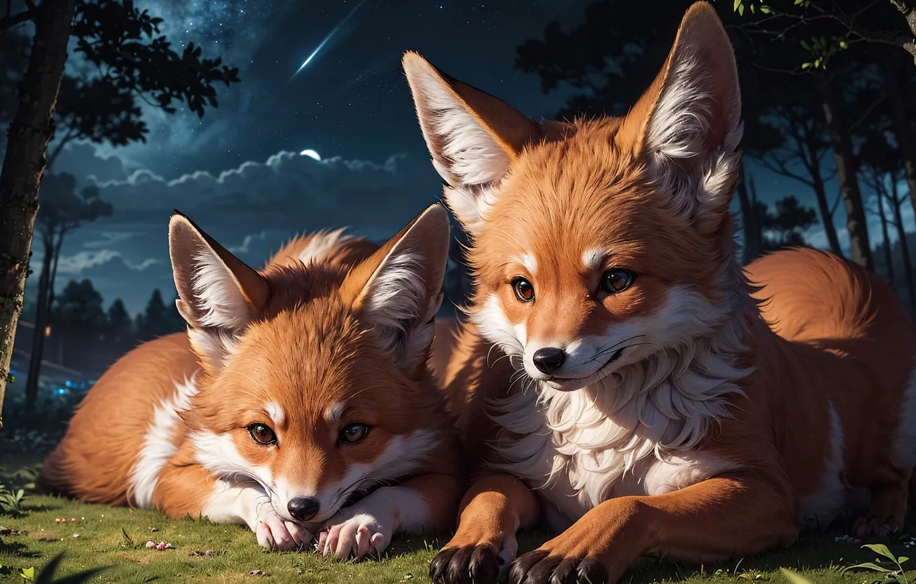 Photo wallpaper night, animal, pair, Fox