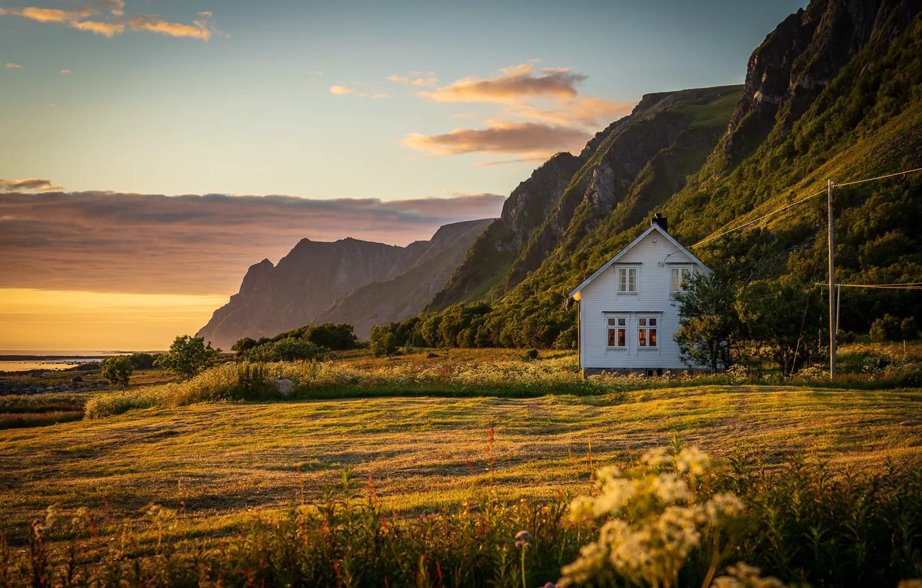Photo wallpaper sunset, mountains, house, meadow, Norway, Andoya Island, Norway Annea Island