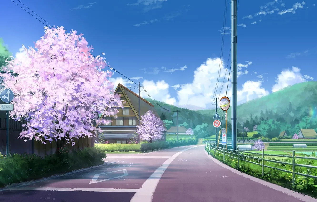 Photo wallpaper road, clouds, hills, posts, wire, home, Sakura, village