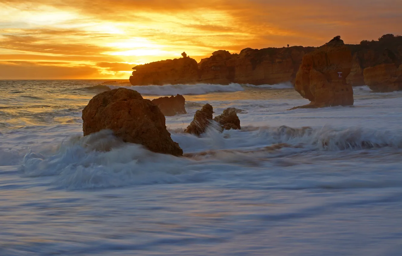 Photo wallpaper sunset, rocks, coast, surf, Portugal, Portugal, The Atlantic ocean, Atlantic Ocean