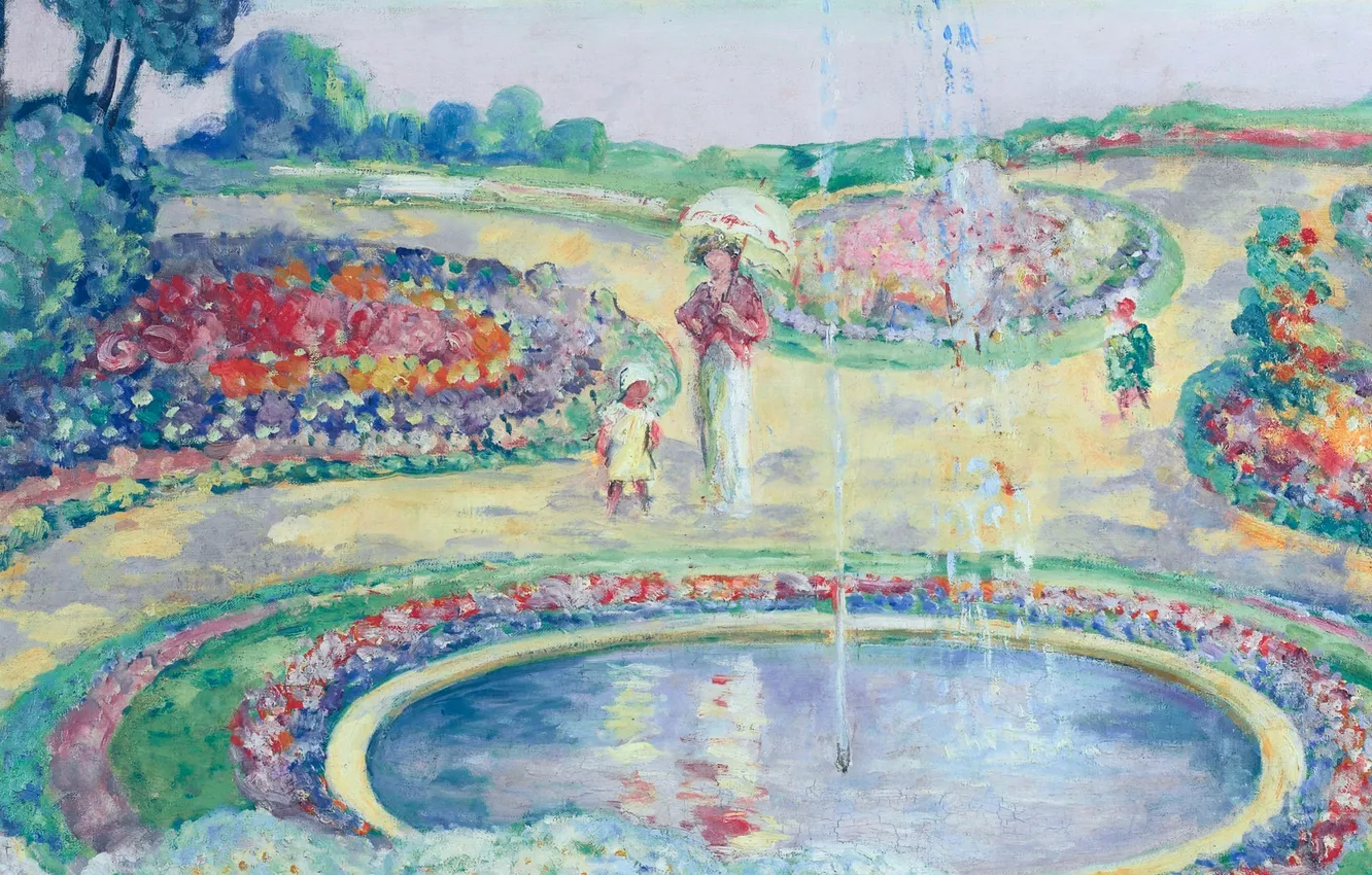 Photo wallpaper landscape, Park, picture, fountain, genre, Henri Lebacq, Flowering Garden