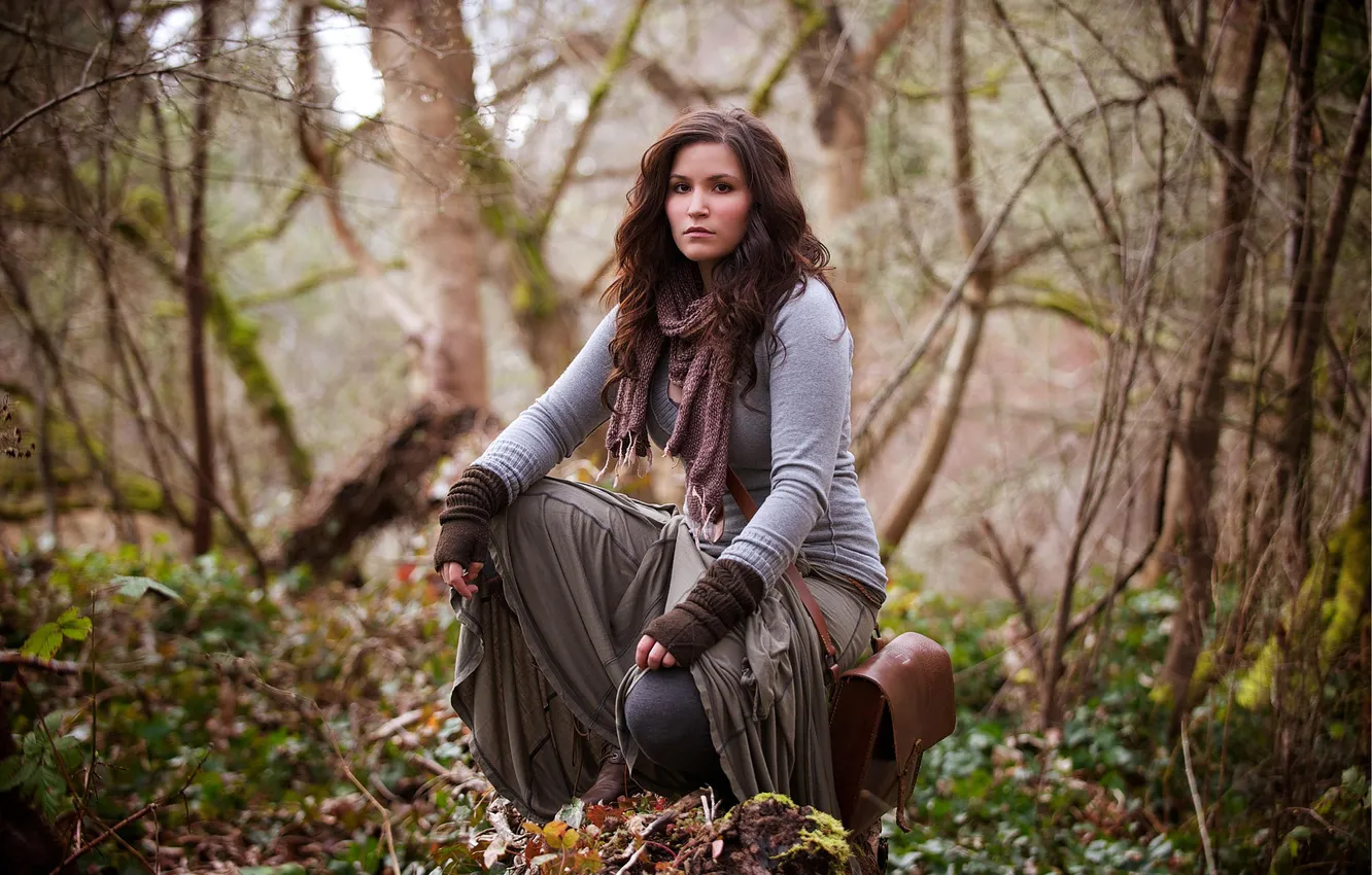 Photo wallpaper forest, look, girl, trees, bag, Rachel pryne