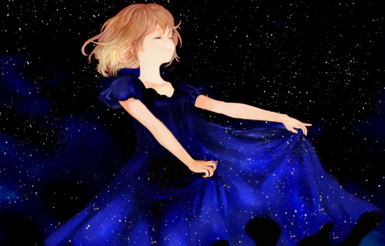 Photo wallpaper girl, stars, night, smile, blue dress