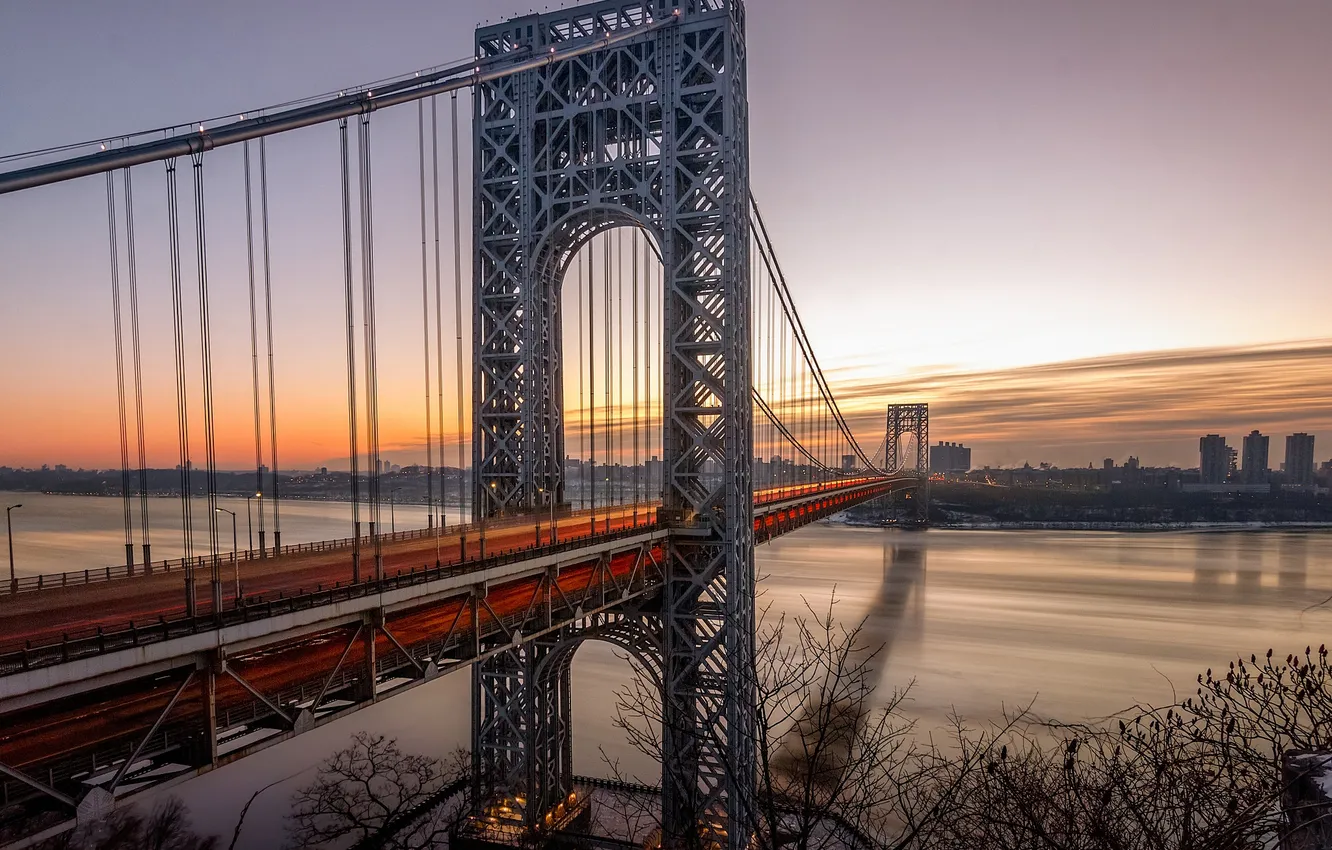 Photo wallpaper sunset, bridge, river, New York, New York