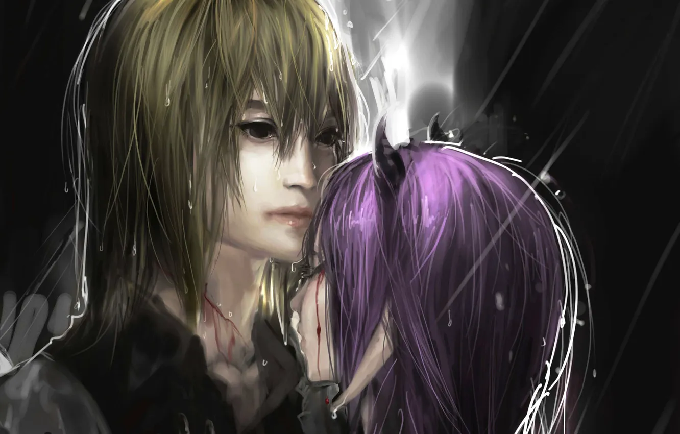 Photo wallpaper girl, rain, blood, guy, horn