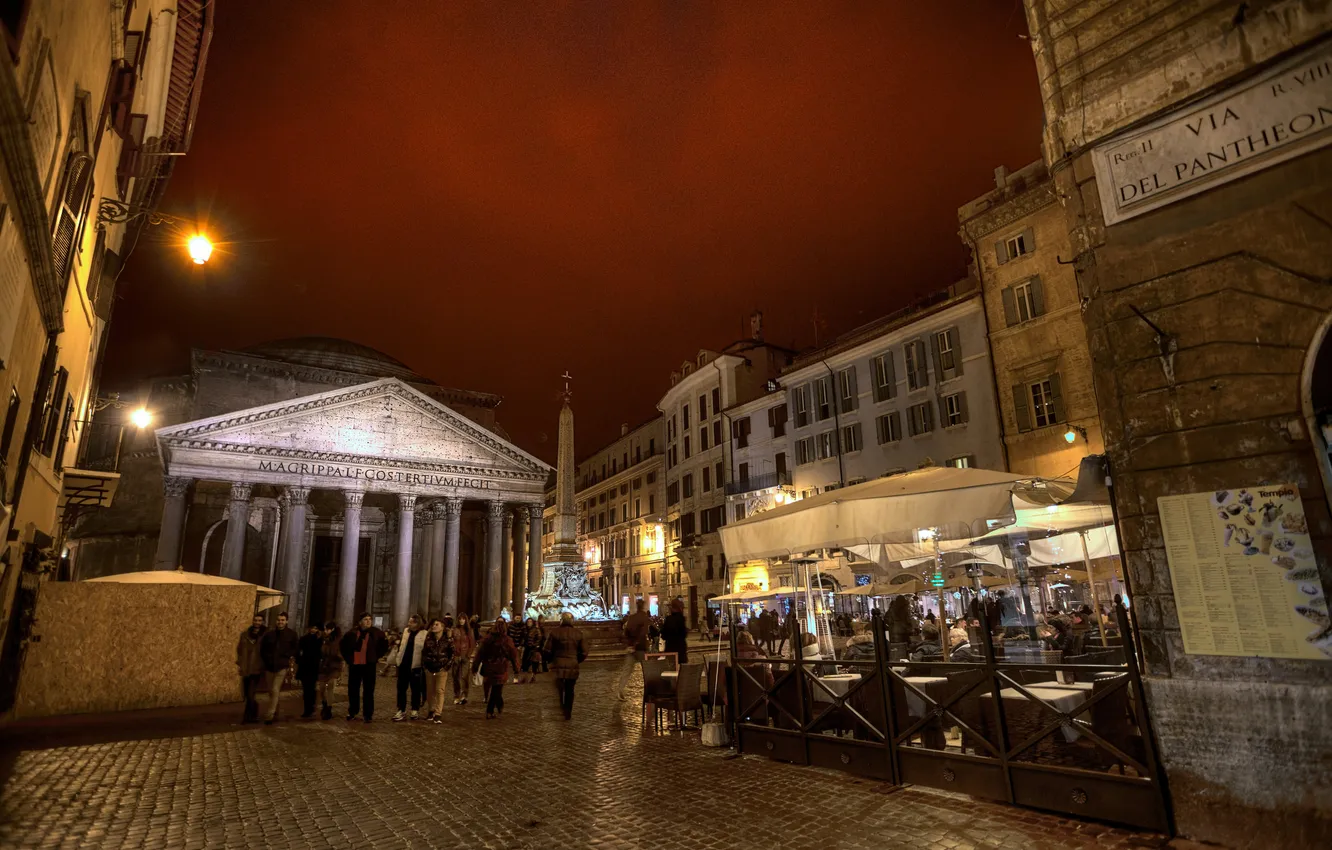 Photo wallpaper night, lights, street, Rome, Italy, fountain, obelisk, Pantheon