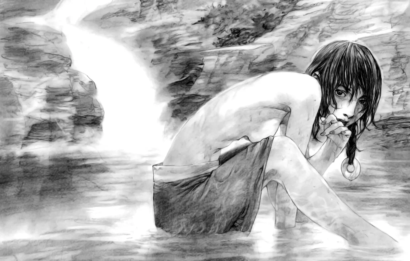 Photo wallpaper girl, figure, black and white, blur, pencil drawing