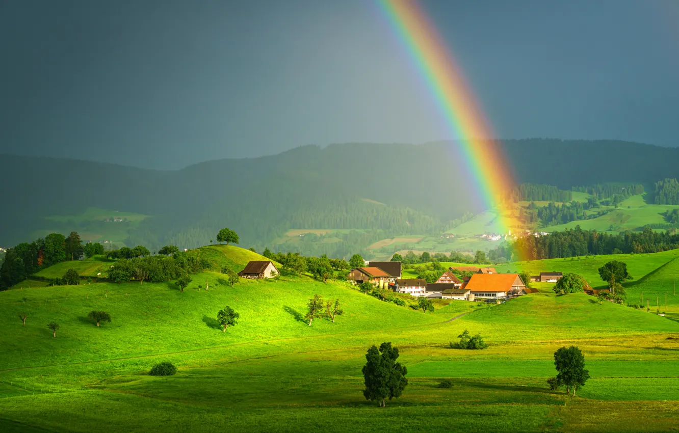 Wallpaper field, the sky, height, rainbow, village, meadow, houses for ...