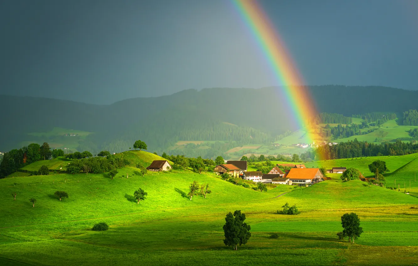 Photo wallpaper field, the sky, height, rainbow, village, meadow, houses