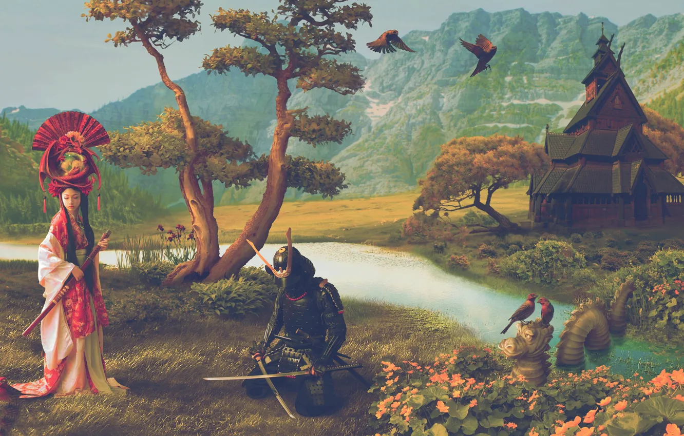 Photo wallpaper girl, Japan, samurai, photoart