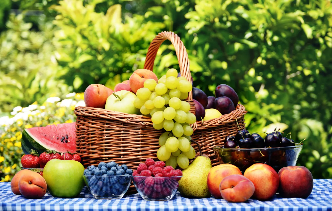 Photo wallpaper cherry, berries, raspberry, table, basket, apples, watermelon, blueberries