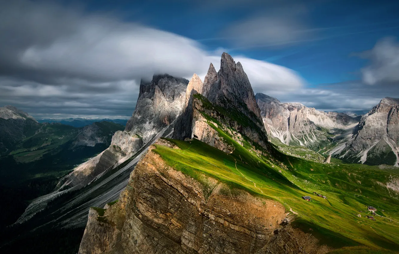 Photo wallpaper the sky, clouds, light, mountains, home, slope, shadows, The Dolomites