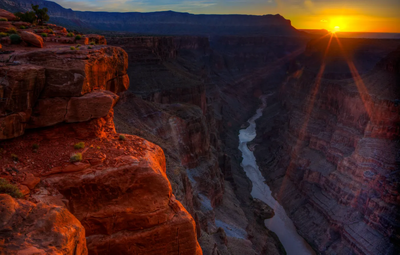 Photo wallpaper sunset, mountains, river, rocks, canyon, AZ, USA, grand canyon national park