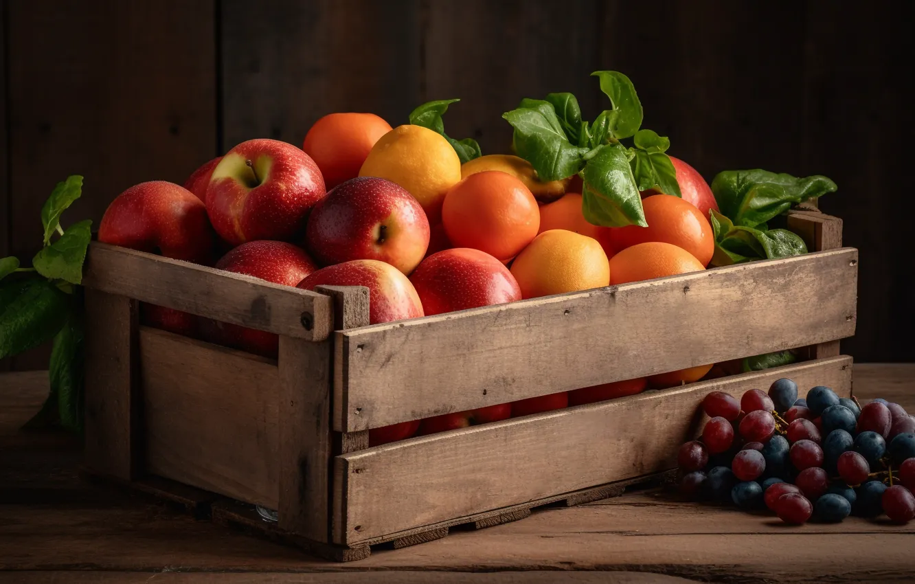 Photo wallpaper leaves, red, table, apples, Board, orange, food, grapes