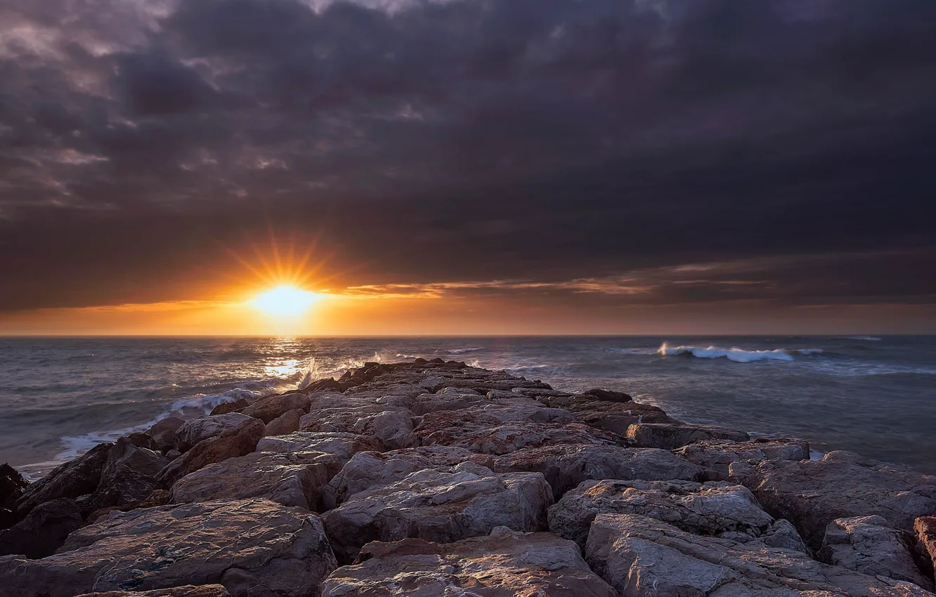 Photo wallpaper sea, sunset, stones, coast, Spain