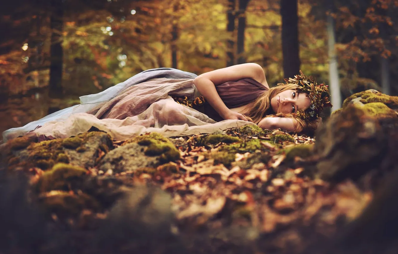 Photo wallpaper autumn, forest, look, girl, foliage, dress, lies, wreath