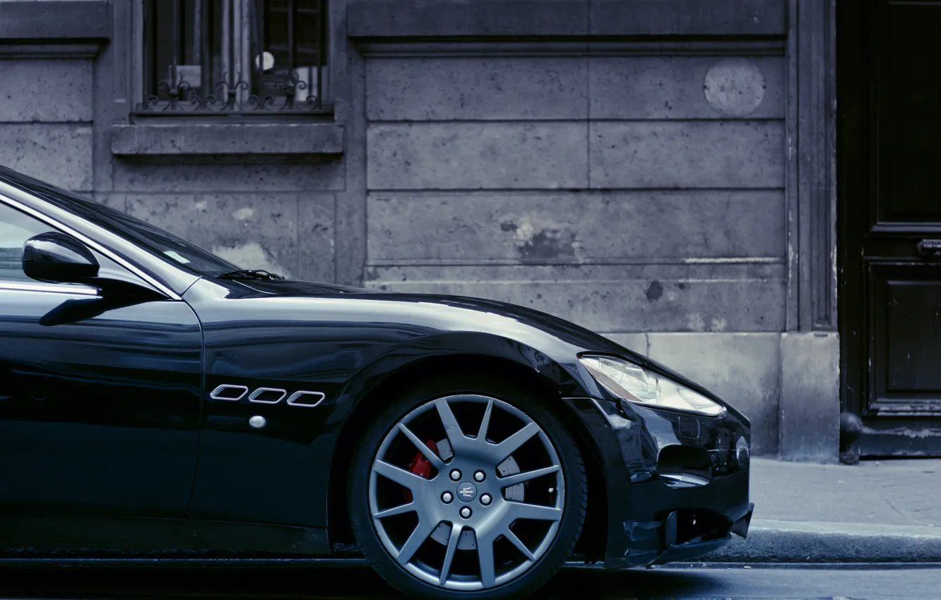 Photo wallpaper black, the building, wheel, disk, black, Maserati, rim, building