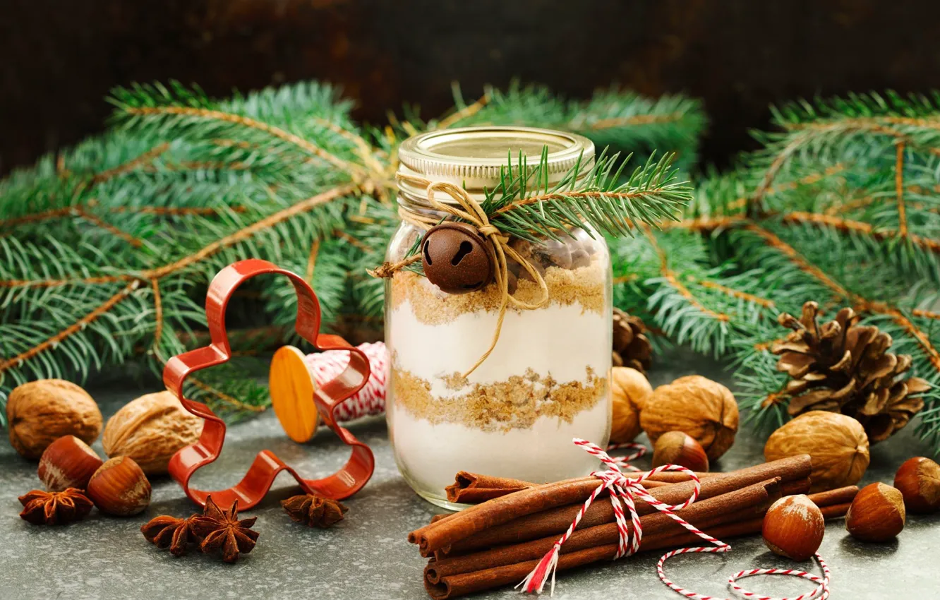 Photo wallpaper branches, holiday, tree, new year, spruce, Christmas, Bank, nuts