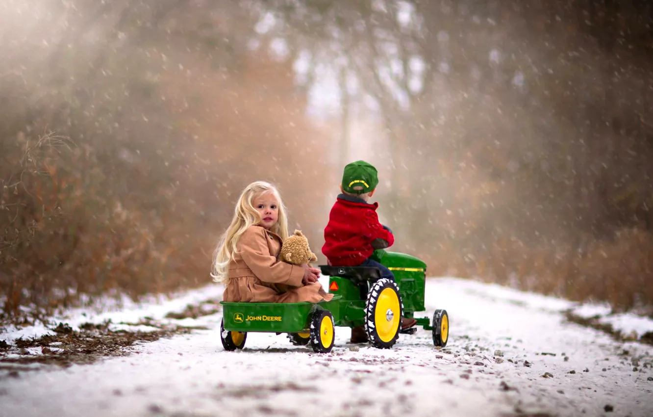 Photo wallpaper winter, road, autumn, forest, girl, trees, nature