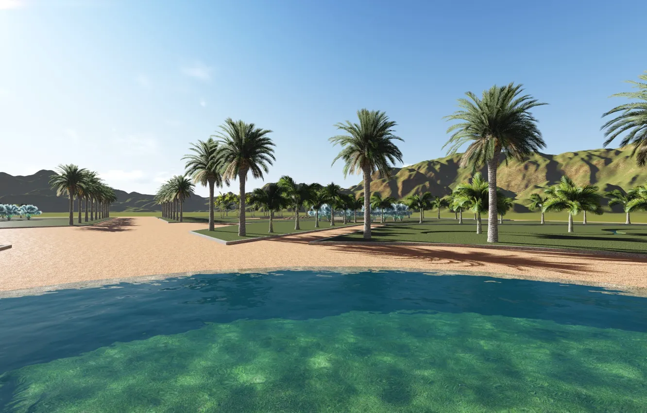 Photo wallpaper sand, water, landscape, Park, palm trees, visualization, render