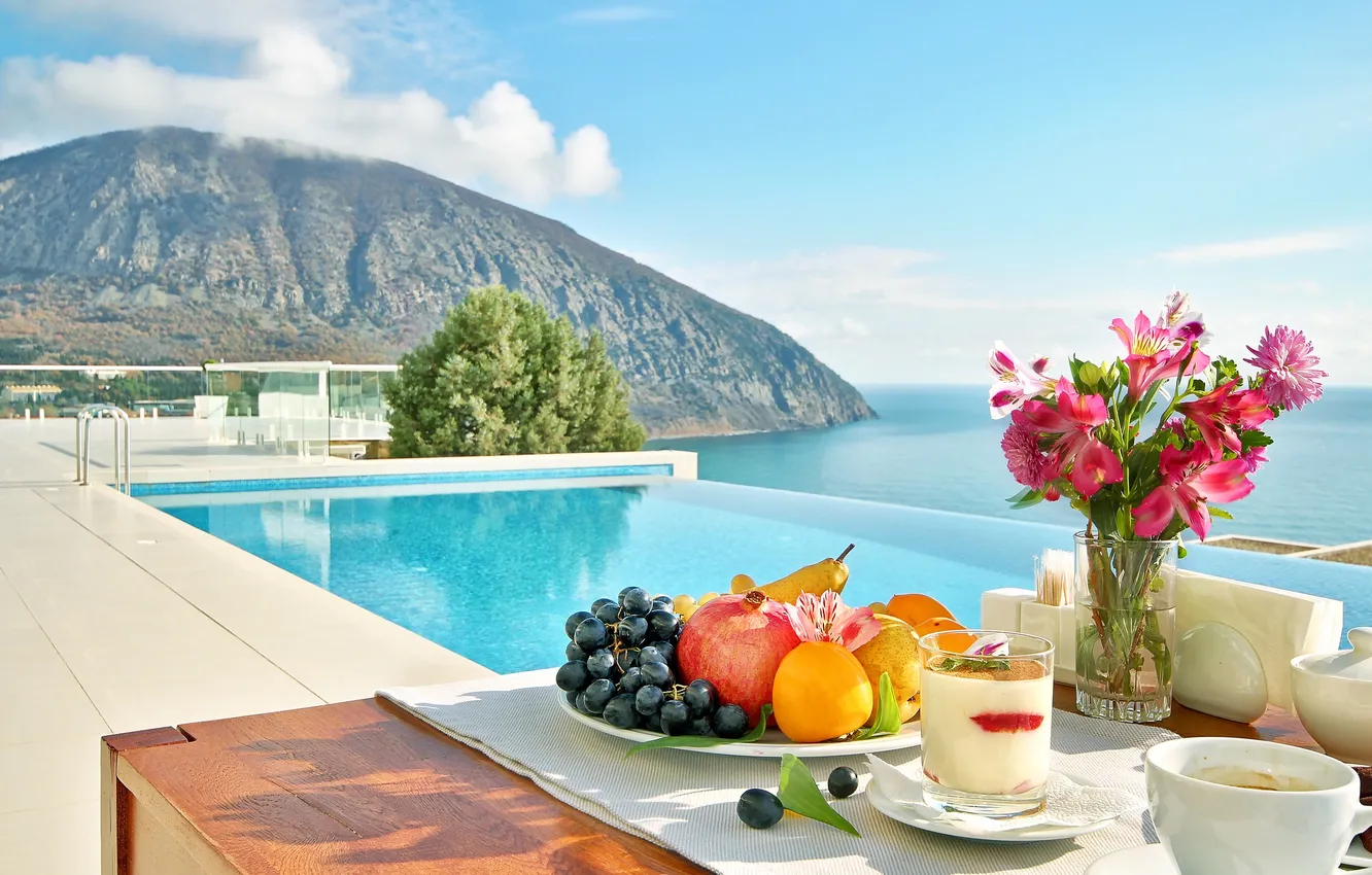 Photo wallpaper coffee, food, grapes, fruit, pear, garnet, Gurzuf, Althea Residence
