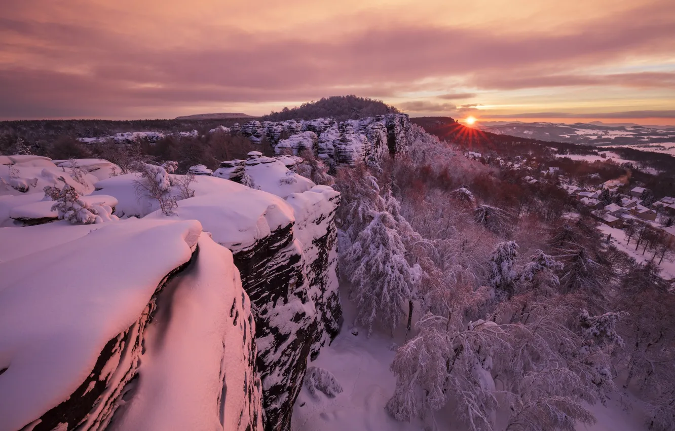Photo wallpaper winter, the sky, snow, trees, rocks, dawn