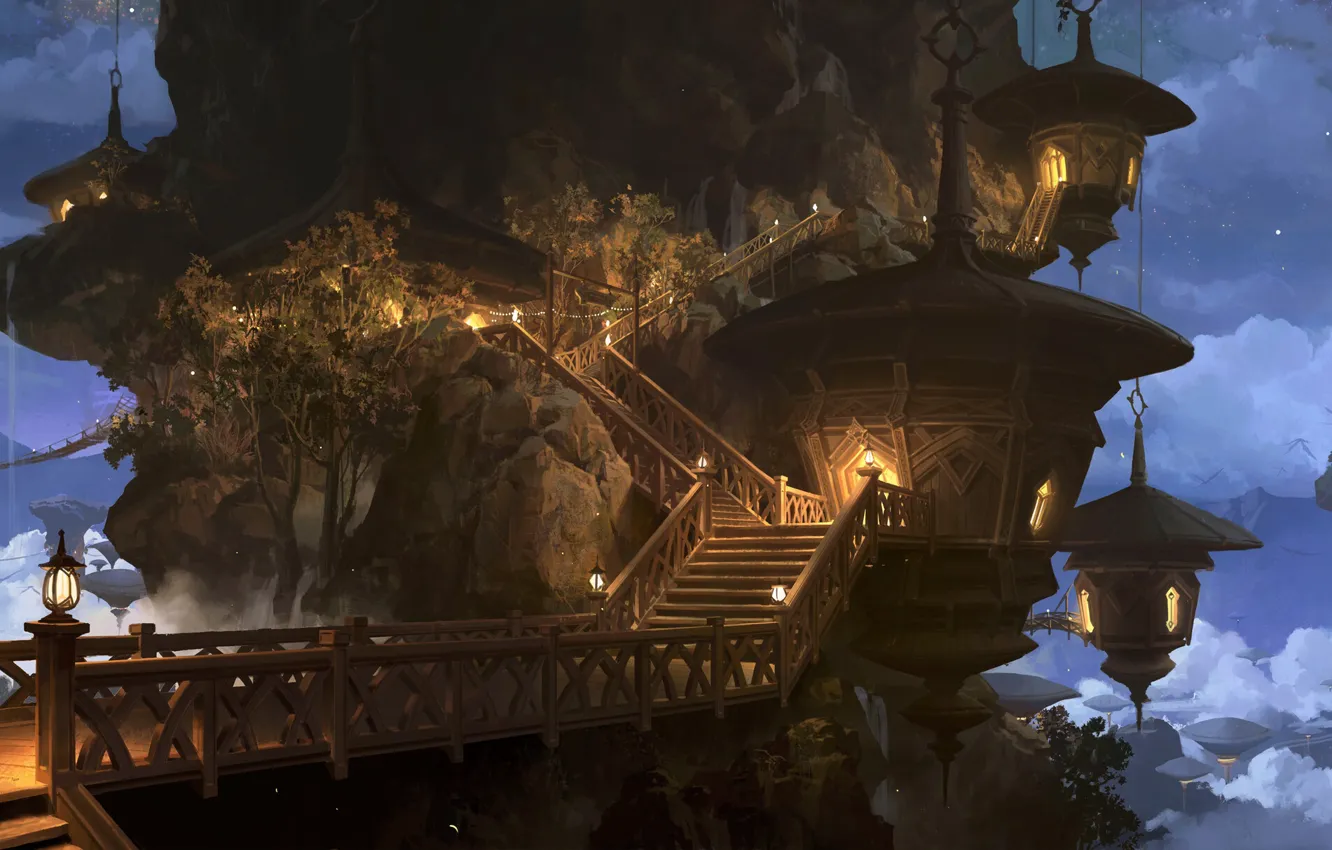 Photo wallpaper rocks, the rise, lights, ladder, The Quiet nest