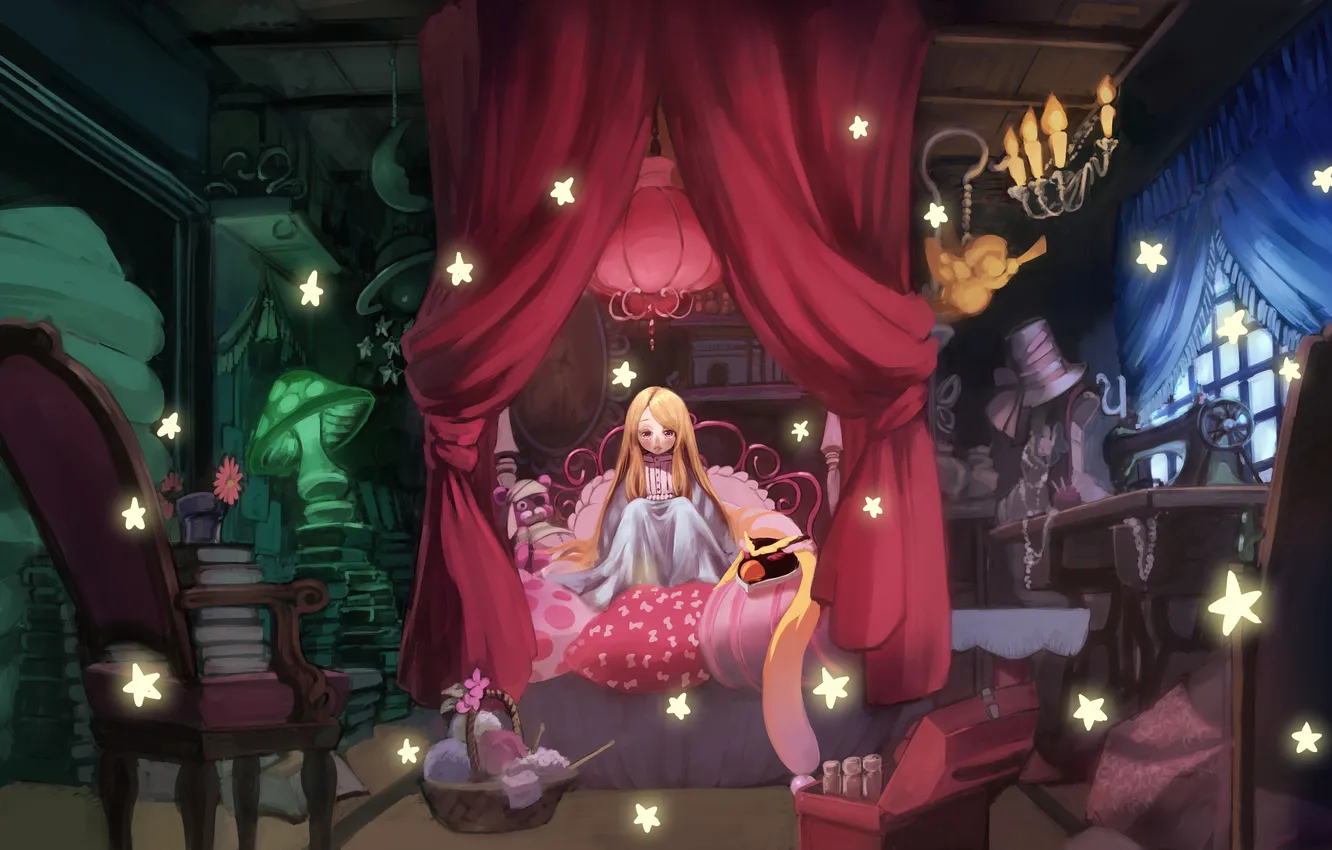 Photo wallpaper girl, stars, toys, bed, chair, hat, candles, anime