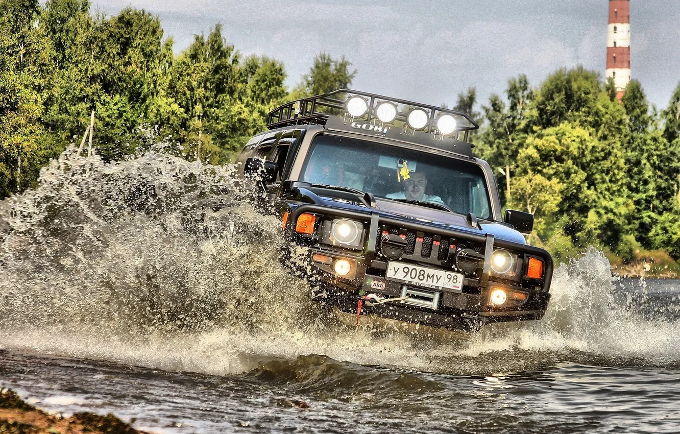 Photo wallpaper trees, squirt, lights, lighthouse, SUV, Hummer, hammer X3