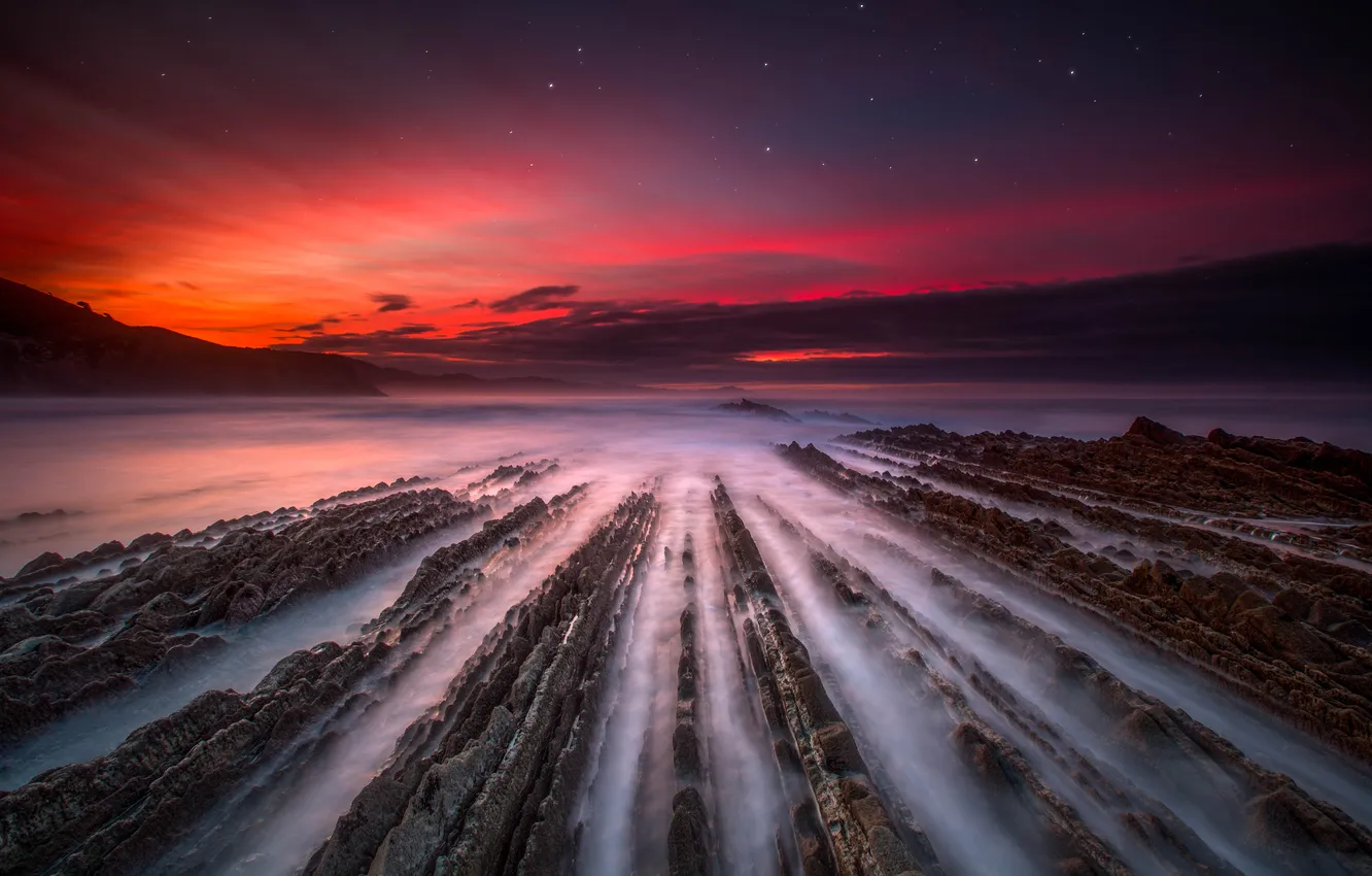 Photo wallpaper sea, stars, clouds, mountains, rocks, Bay, twilight