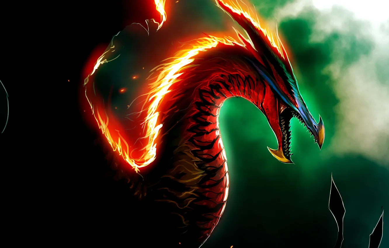 Photo wallpaper lights, darkness, flame, dragon