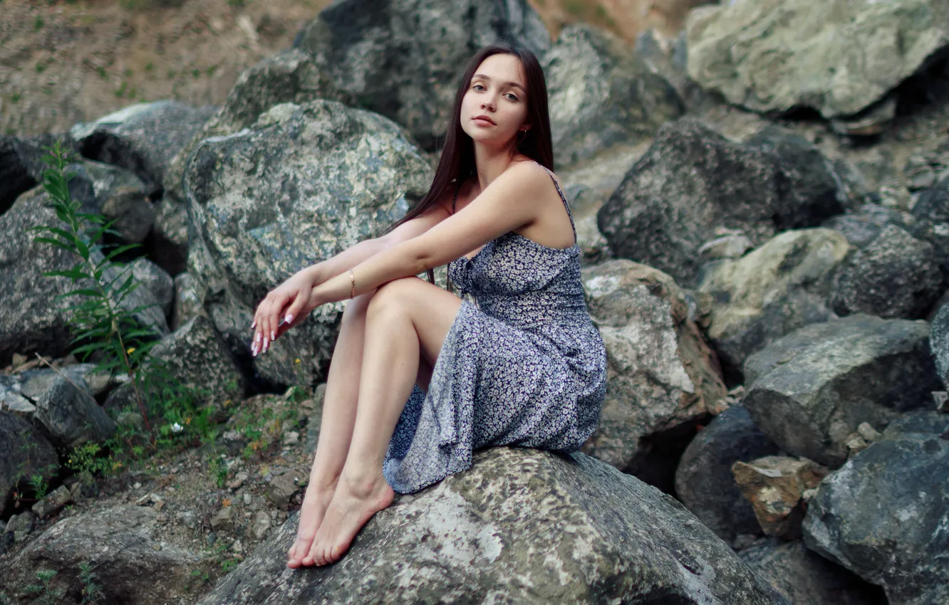 Photo wallpaper girl, pose, stones, hands, legs, sundress, Evgeny Bulatov, Margarita Koltasheva