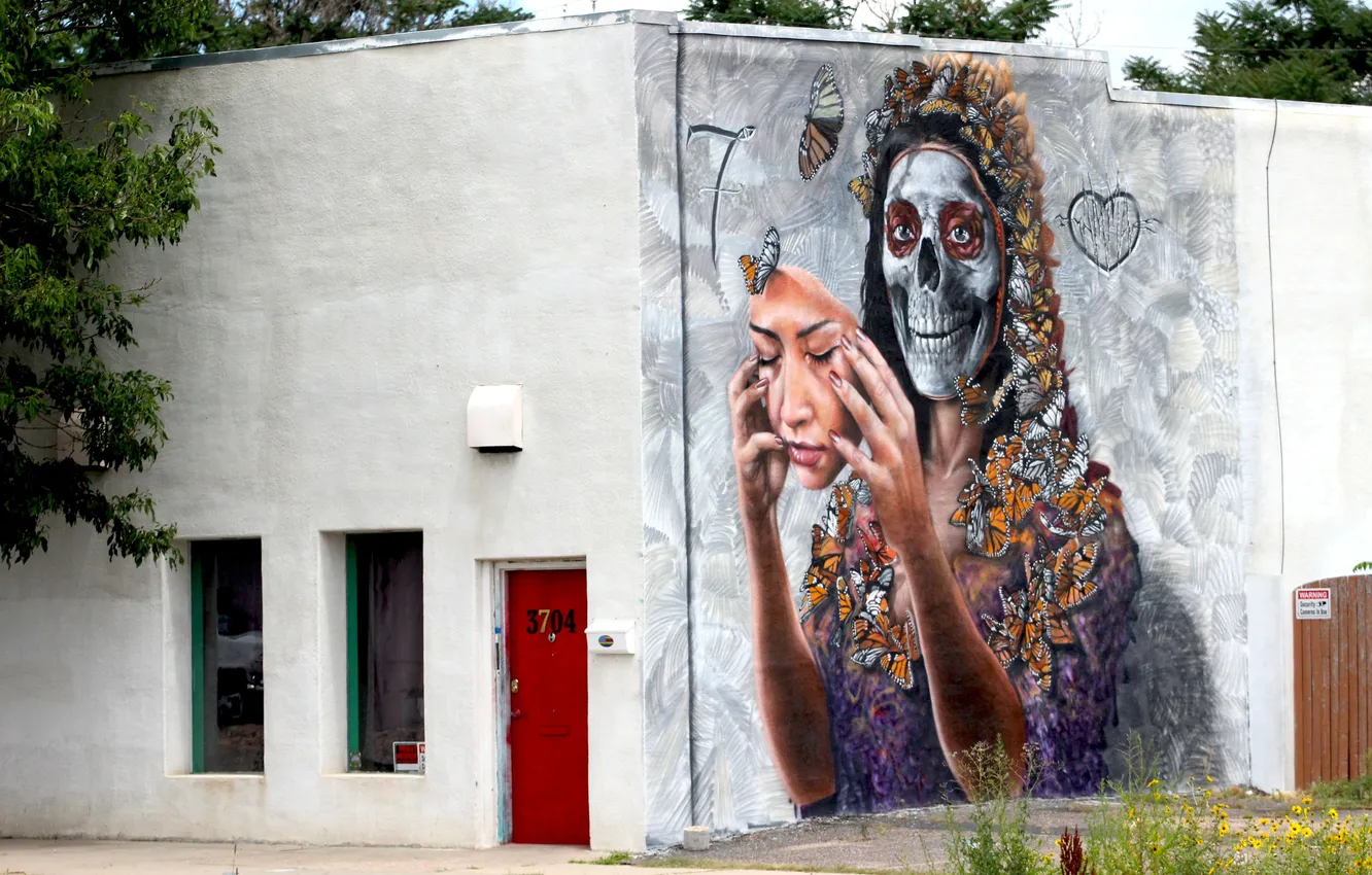 Photo wallpaper city, the city, building, buildings, street art, street art, street art, graffiti on the wall