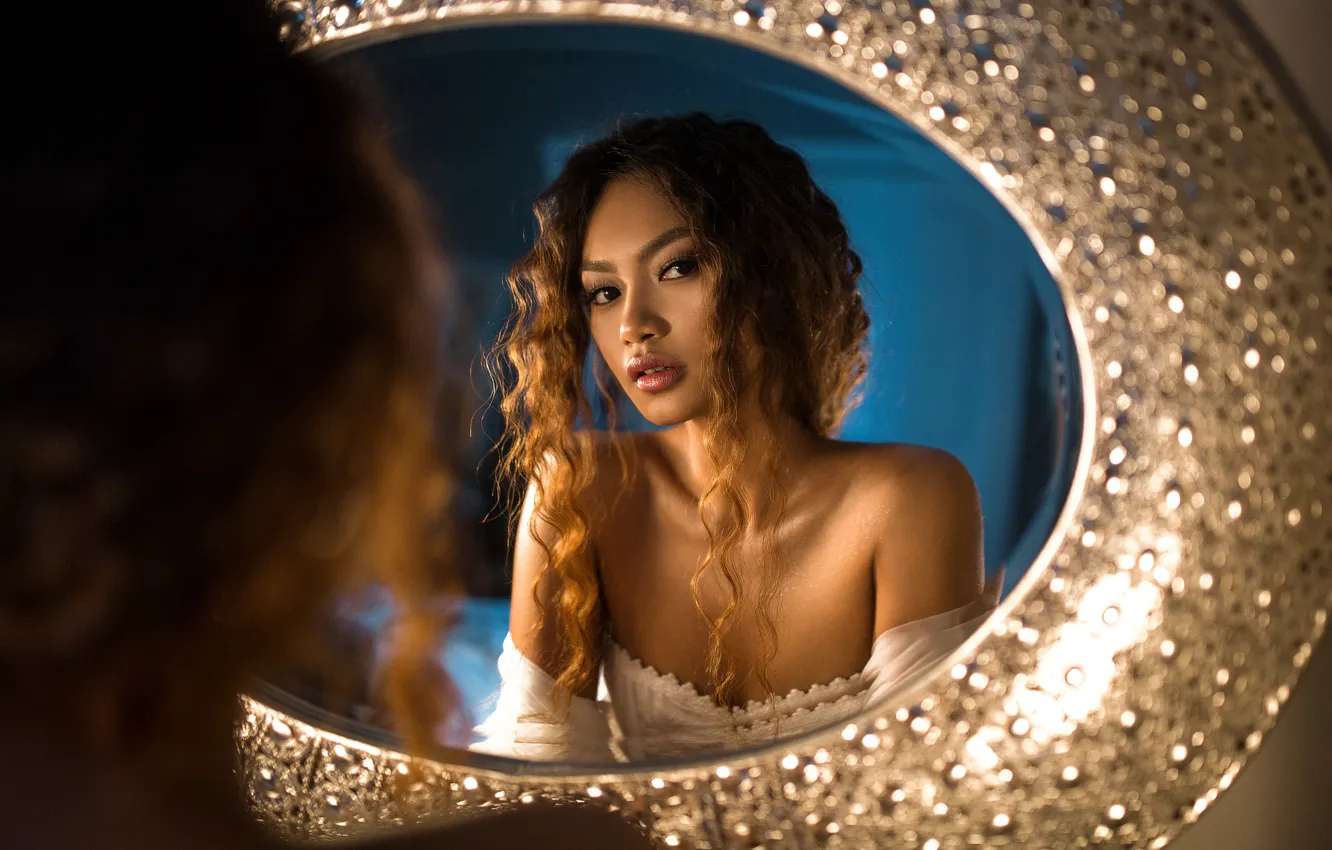 Photo wallpaper girl, reflection, dress, mirror, neckline, brown hair, shoulders, curls