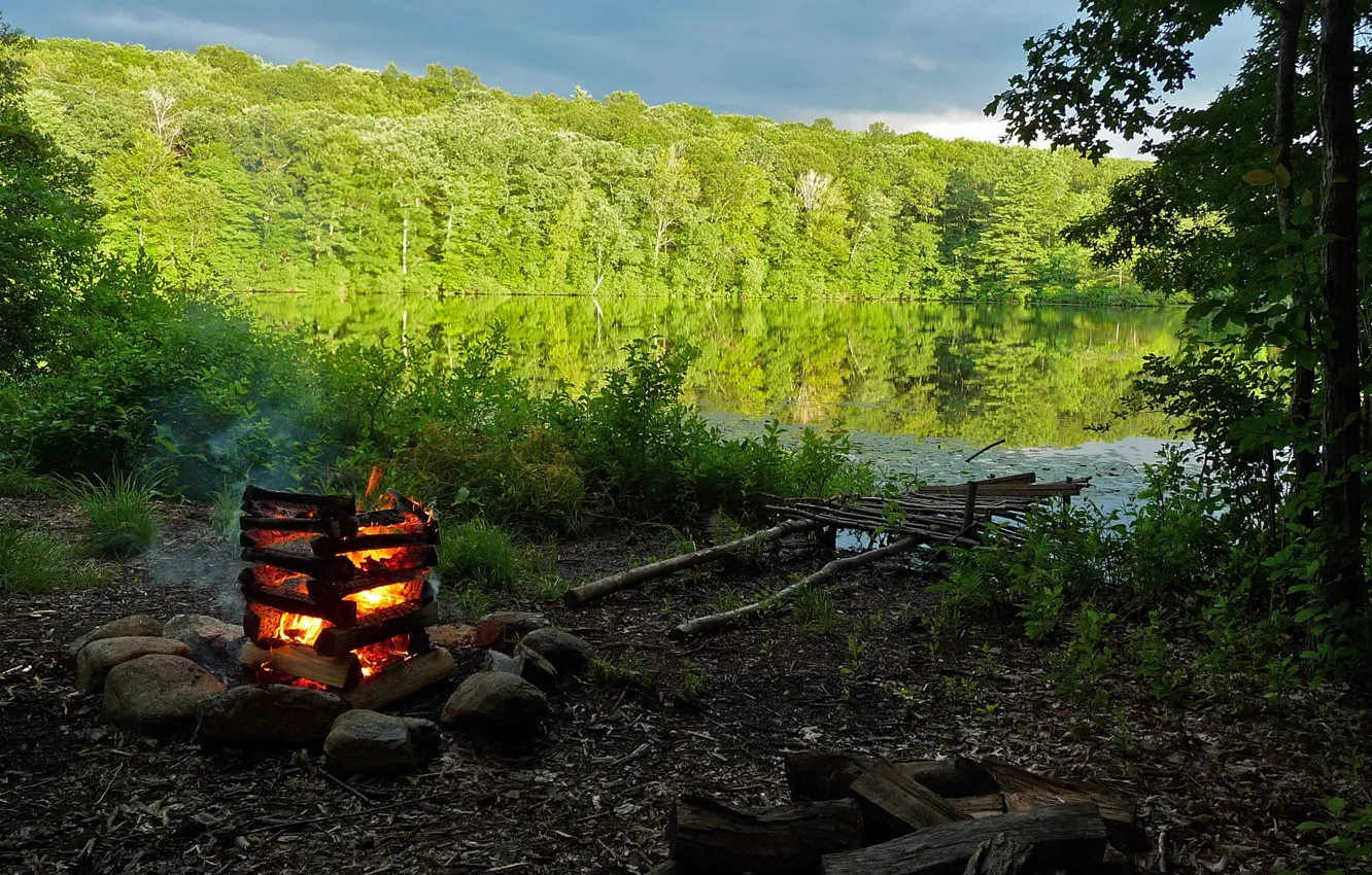 Photo wallpaper forest, nature, lake, shore, the fire