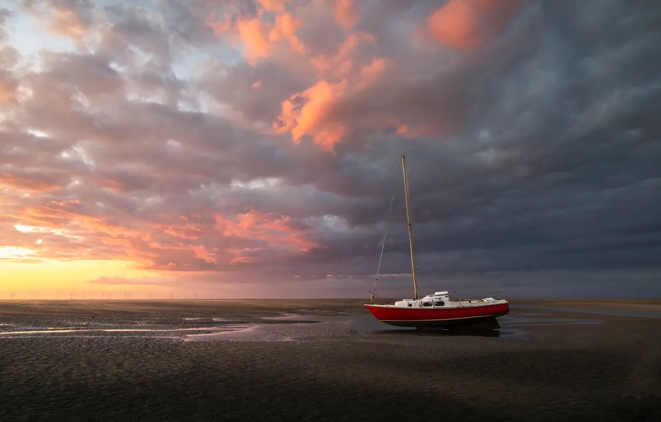 Photo wallpaper sunset, boat, stranded